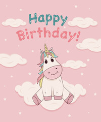 Pink Happy Birthday card with unicorn.