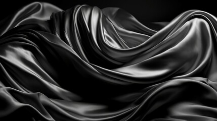 Fototapeta premium Black white silk satin fabric abstract background. Drapery fold crease wavy crumpled. Light shiny glitter shimmer shine. Luxury beauty rich. Sexy. Fluid flow liquid effect. Design. Wallpaper concept.
