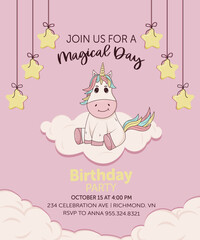 Birthday party invitation card with baby unicorn. Vector illustration