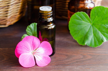 Small bottle with essential geranium oil and geranium flower. Aromatherapy and herbal medicine concept. Copy space