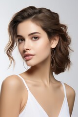 Fototapeta premium Beautiful model girl in a plain white studio, softly light. Suitable for diverse commercial projects