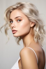 Naklejka premium Beautiful model girl in a plain white studio, softly light. Suitable for diverse commercial projects