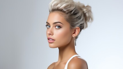 Fototapeta premium Beautiful model girl in a plain white studio, softly light. Suitable for diverse commercial projects