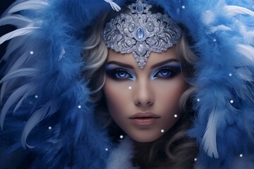 A frost princess with intense indigo eyes, embraced by royal blue feathers and glistening diamonds, set against a deep blue-violet background. - obrazy, fototapety, plakaty