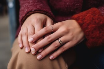 couples hands locked with an anniversary ring visible