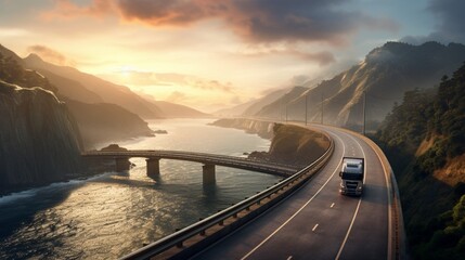A truck driving across a bridge on a coastal highway, with the sea stretching out on either side, creating a picturesque scene