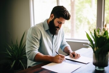 man writing housewarming invitations