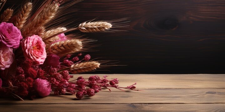 close up image with wheat ears on wooden table