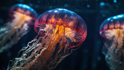 Glowing jellyfish swim deep in the deep blue sea. Medusa neon jellyfish fantasy concept. - obrazy, fototapety, plakaty