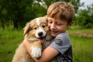 boy hugging puppy after it learned to fetch