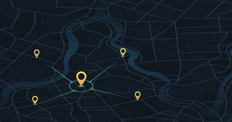 Multiple destinations. Gps tracking map. Track navigation pins on street maps, navigate mapping technology and locate position pin. Futuristic travel gps map or location navigator vector isometric