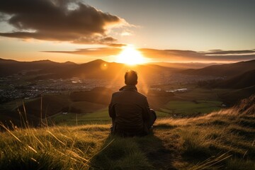 man sitting on hill during sunrise