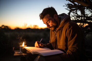 man writing in a journal at sundown - obrazy, fototapety, plakaty