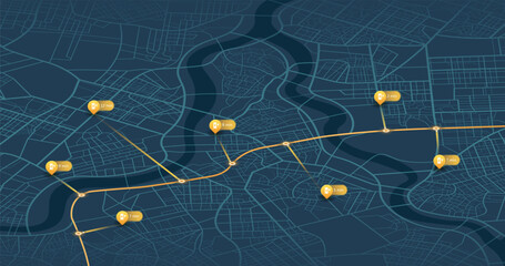 Location EV charging station location mark on gps navigation map. POI fast supercharger station. Path turns and destination tag or mark. Huge city top view. Tracking path, route. vector isometric