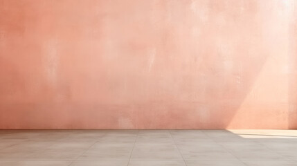 An empty room with a pink wall and tiled floor, peach fuzz, color of the year 2024, monochromatic...