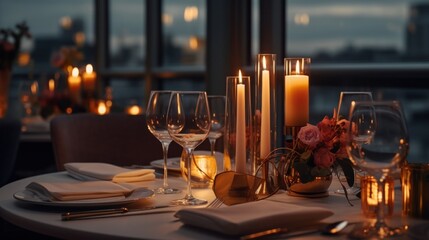 A couple enjoying a romantic candlelit dinner at a fancy restaurant.