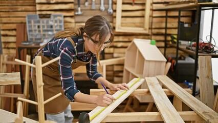 Smiling, beautiful blonde young woman carpenter standing in a workshop, proudly measuring and marking a wood plank inside indoor carpentry studio