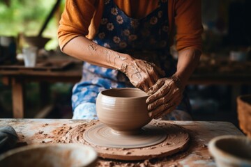 woman making pottery at a local workshop - obrazy, fototapety, plakaty
