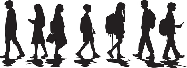 school boys and girls silhouette, kids going to school white background