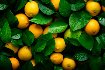 Juicy lemons with green leaves, top view. - obrazy, fototapety, plakaty