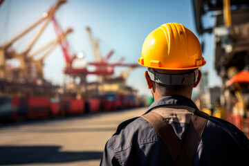 Industrial worker with safety helmet at sea port, back view. - obrazy, fototapety, plakaty
