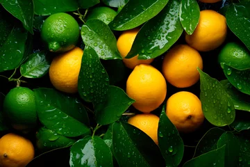 Foto op Plexiglas Juicy yellow and green lemons with leaves, top view. © graja