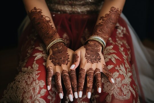 the brides hands with henna tattoos