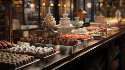 A luxurious chocolate shop with a variety of exquisite chocolates on display.