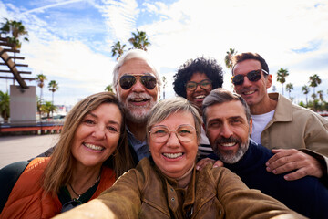Cheerful selfie of a group of mature people looking at camera happily, taking photos during their family trip together. - obrazy, fototapety, plakaty