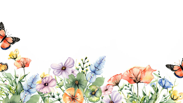 bouquet of watercolor flowers on white background and flying butterflies