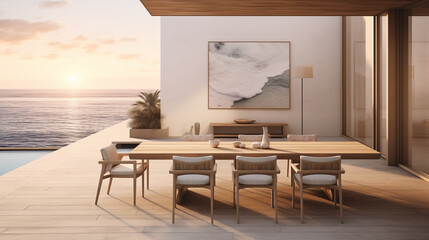 Dining table and chairs on a patio overlooking the ocean