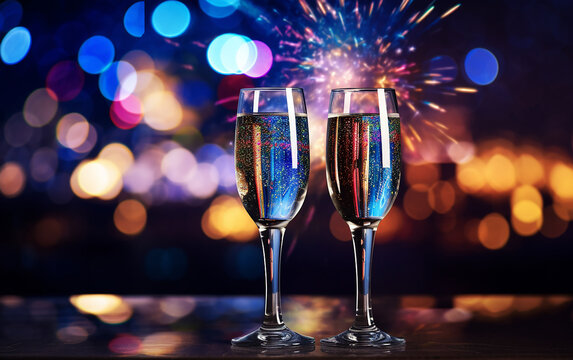 Dois copos de ano novo em cima da mesa, fundo com fogos de artifício de ano novo
