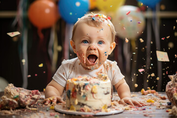 Joyful baby experiencing first birthday cake smash celebration. First birthday milestone. - obrazy, fototapety, plakaty