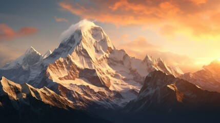 A majestic mountain range background at sunrise.