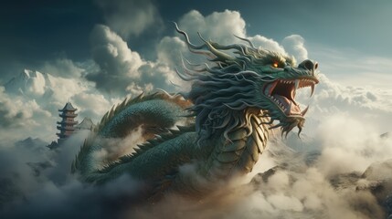 Chinese dragon  stretcwith fierce look, sharp teeth and claws - obrazy, fototapety, plakaty