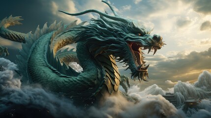 Chinese dragon  stretcwith fierce look, sharp teeth and claws