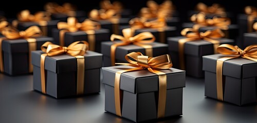 gift boxes with gold ribbons on table black and gold present box concept