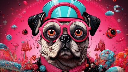 Funny pug surrealistic pop art