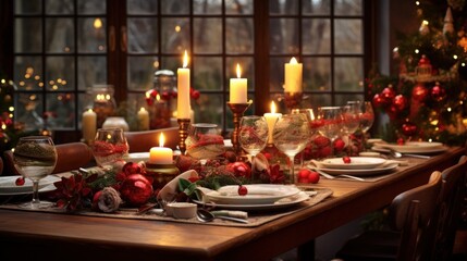 A table set for a festive Christmas dinner with all the trimmings.