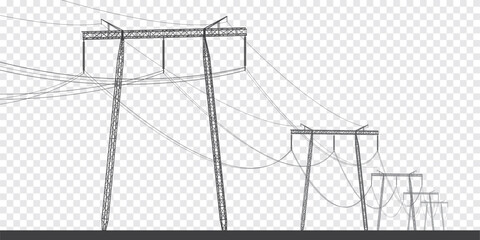High voltage transmission systems. Electric pole. Power lines. A network of interconnected electrical. Energy pylons. City electricity infrastructure. black otlines on transparent background - obrazy, fototapety, plakaty