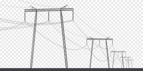 Fotobehang High voltage transmission systems. Electric pole. Power lines. A network of interconnected electrical. Energy pylons. City electricity infrastructure. black otlines on transparent background © panimoni