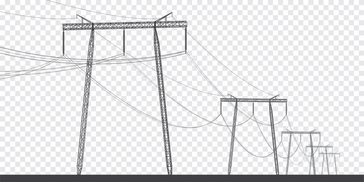 High voltage transmission systems. Electric pole. Power lines. A network of interconnected electrical. Energy pylons. City electricity infrastructure. black otlines on transparent background