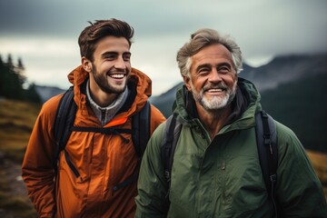 Father hiking and smiling with his son. 