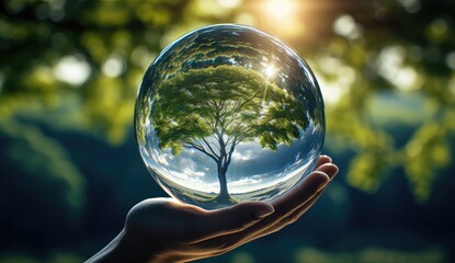 Person holding tree in glass ball during summer day