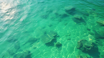 Clear turquoise sea water with small stones and reflection of sky