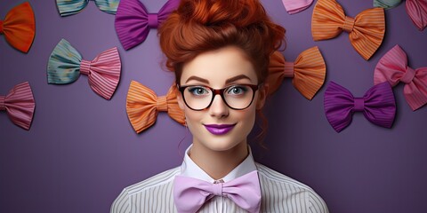 Red haired happy young woman in glasses wearing bow tie on purple background. - Powered by Adobe