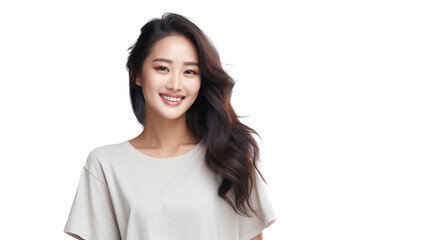 Fototapeta premium Studio portrait of a smiling asian woman isolated on white background, transparent cutout