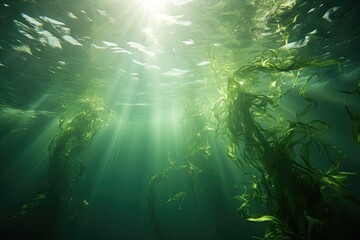 Fototapeta na wymiar Seaweed underwater in the ocean with the sun showing through