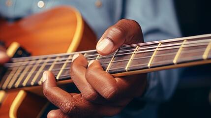 Obraz premium Close-up of Guitarist's Fingers on Fretboard