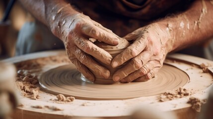 Potter's Hands Molding Clay on Spinning Wheel - obrazy, fototapety, plakaty